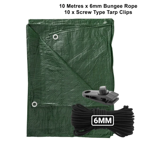 Green lightweight tarpaulin 5m x 8m with 10m of 6mm bungee rope & 10 tarp clips (screw type) kit