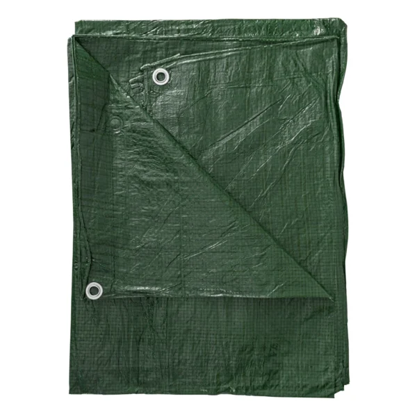 Green lightweight tarpaulin 5m x 8m with 10m of 6mm bungee rope & 10 tarp clips (screw type) kit