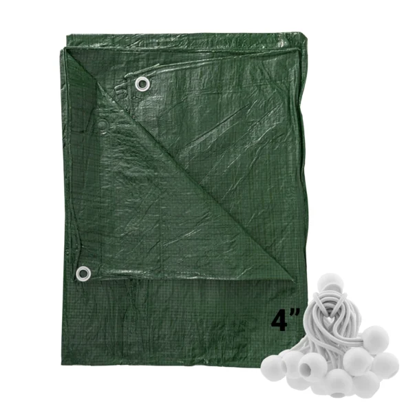 Green lightweight tarpaulin 6m x 8m with 20 x 4″ bungee balls (white) kit