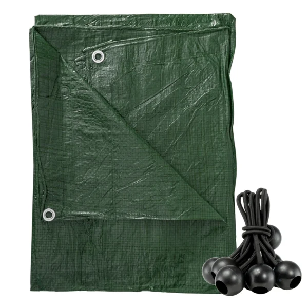 Green lightweight tarpaulin 6m x 8m with 10 x 6″ bungee balls (black) kit