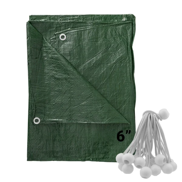 Green lightweight tarpaulin 6m x 8m with 20 x 6″ bungee balls (white) kit