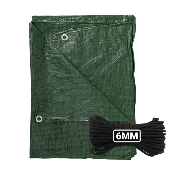 Green lightweight tarpaulin 6m x 8m with 10m of 6mm bungee rope kit