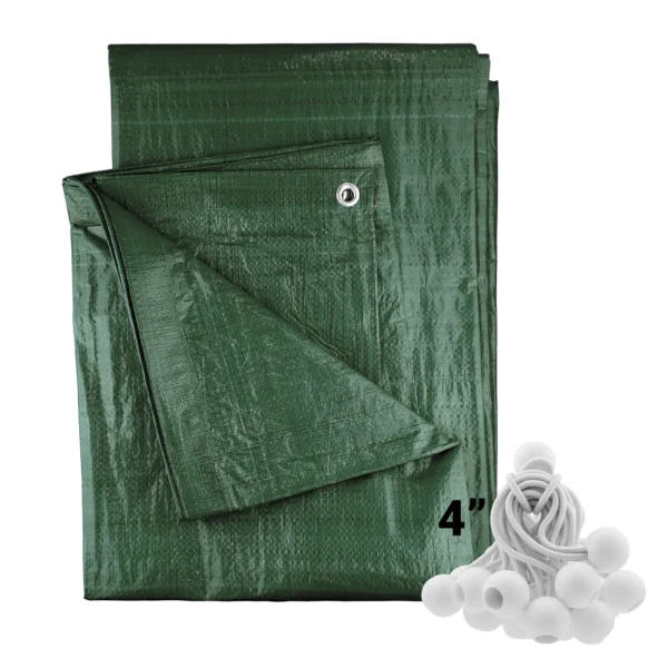 Green medium duty tarpaulin 5m x 8m with 20 x 4″ bungee balls (white) kit