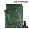 Green medium duty tarpaulin 5m x 8m with 10 x 6″ bungee balls (black) & 10 tarp clips (screw type) kit