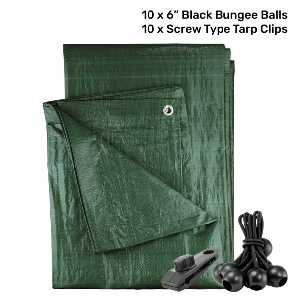 Green medium duty tarpaulin 5m x 8m with 10 x 6″ bungee balls (black) & 10 tarp clips (screw type) kit