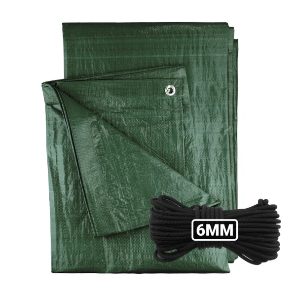 Green medium duty tarpaulin 5m x 8m with 10m of 6mm bungee rope kit
