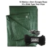 Green medium duty tarpaulin 5m x 8m with 10m of 6mm bungee rope & 10 tarp clips (slide type) kit