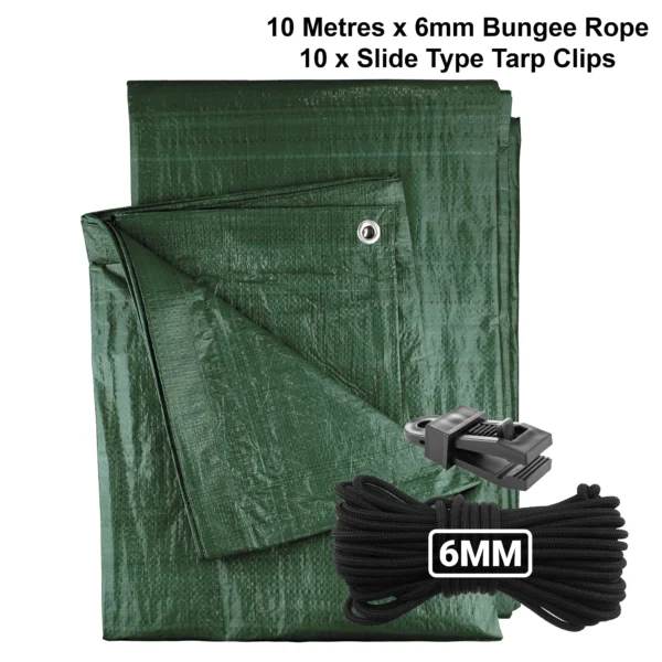 Green medium duty tarpaulin 5m x 8m with 10m of 6mm bungee rope & 10 tarp clips (slide type) kit