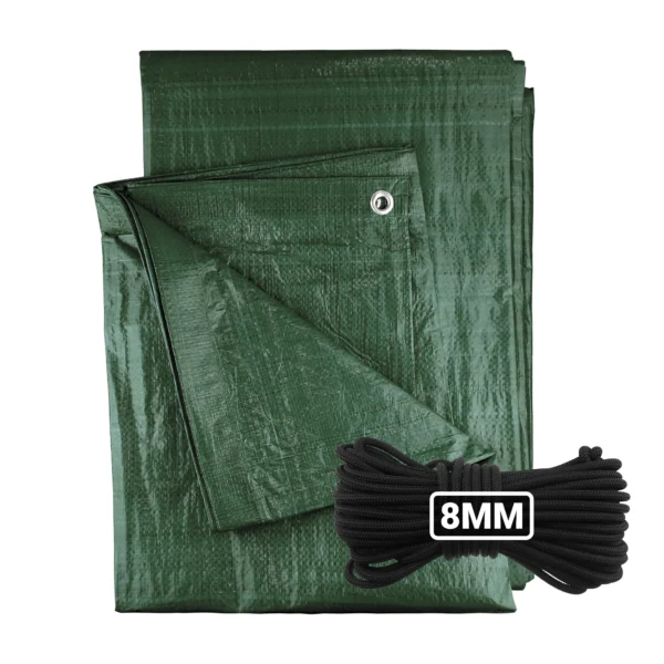 Green medium duty tarpaulin 5m x 8m with 10m of 8mm bungee rope kit