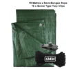 Green medium duty tarpaulin 5m x 8m with 10m of 6mm bungee rope & 10 tarp clips (screw type) kit