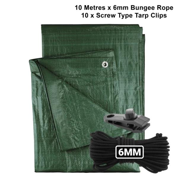 Green medium duty tarpaulin 5m x 8m with 10m of 6mm bungee rope & 10 tarp clips (screw type) kit