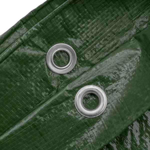 Green medium duty tarpaulin 5m x 8m with 10m of 6mm bungee rope & 10 tarp clips (screw type) kit