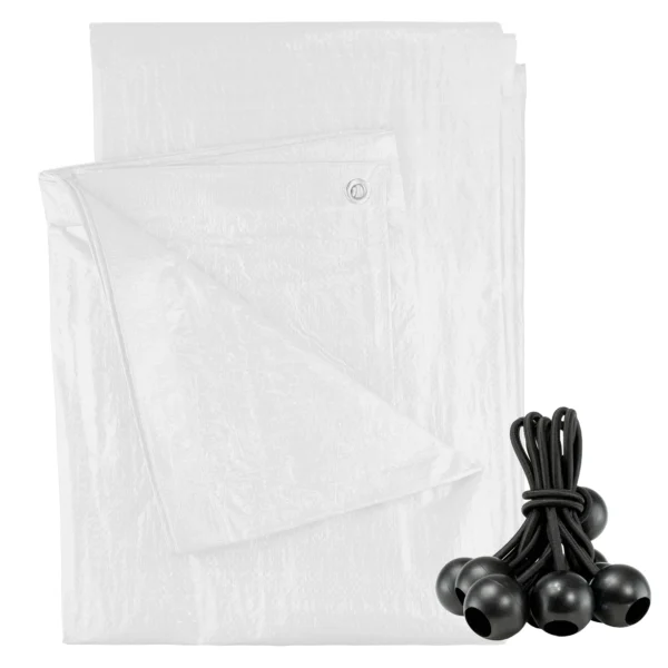 White medium duty tarpaulin 6m x 8m with 10 x 6″ bungee balls (black) kit