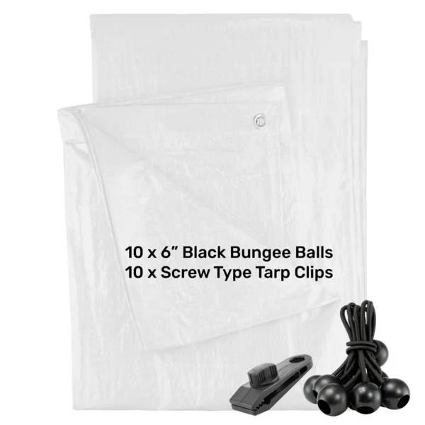 White medium duty tarpaulin 6m x 8m with 10 x 6″ bungee balls (black) & 10 tarp clips (screw type) kit
