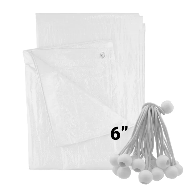 White medium duty tarpaulin 6m x 8m with 20 x 6″ bungee balls (white) kit