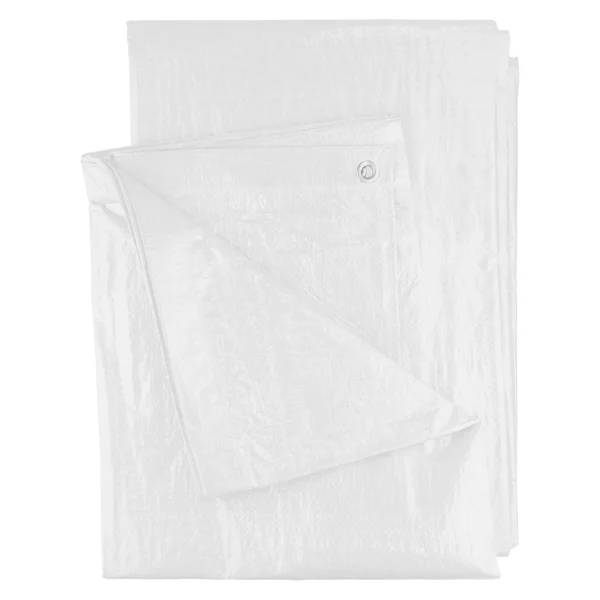 White medium duty tarpaulin 6m x 8m with 10m of 6mm bungee rope & 10 tarp clips (screw type) kit