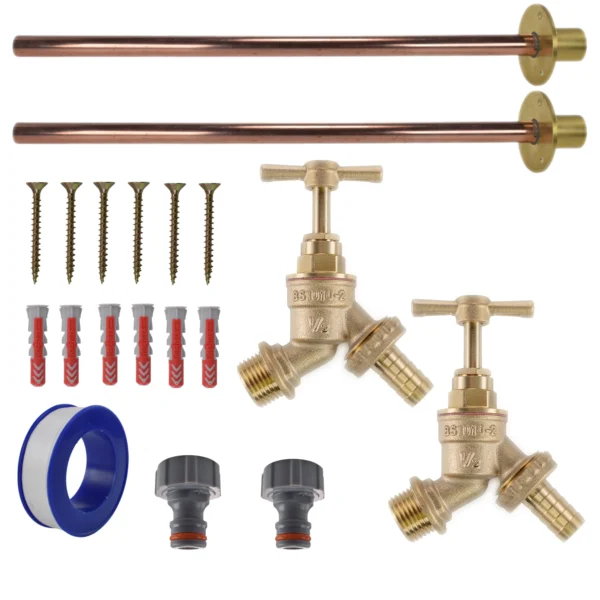 Brass barbed bib tap basic connection kit x2 – heavy duty outdoor garden tap uk (base kit - no hose connector attached)