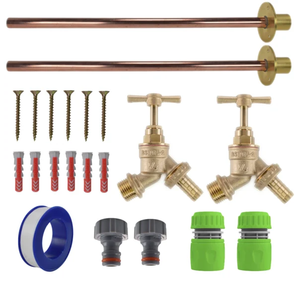 Brass barbed bib tap basic connection kit x2 – heavy duty outdoor garden tap uk (base kit - no hose connector attached)