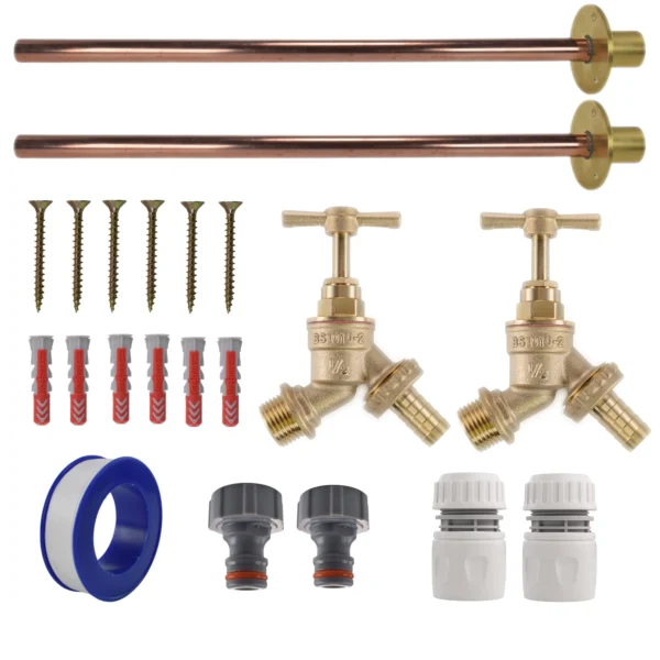 Brass barbed bib tap basic connection kit x2 – heavy duty outdoor garden tap uk (base kit - no hose connector attached)