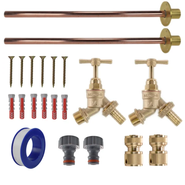 Brass barbed bib tap basic connection kit x2 – heavy duty outdoor garden tap uk (base kit - no hose connector attached)