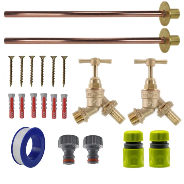 Brass barbed bib tap basic connection kit x2 – heavy duty outdoor garden tap uk (base kit - no hose connector attached)