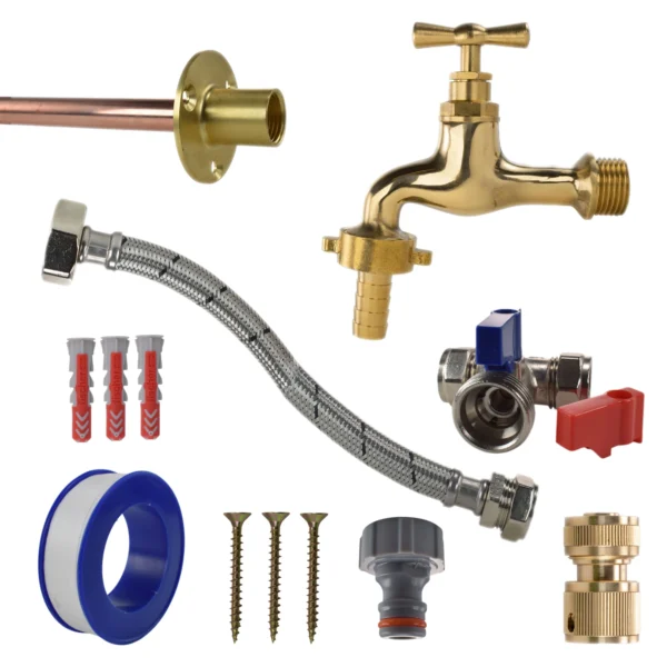 Polished brass 13mm barb tap standard connection kit – home diy accessory uk