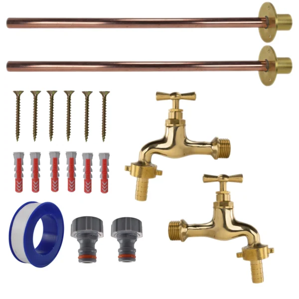 Polished brass 13mm barb tap basic connection kit x2 – heavy duty outdoor garden tap uk