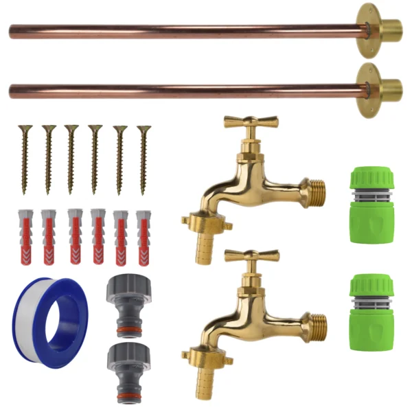 Polished brass 13mm barb tap basic connection kit x2 – heavy duty outdoor garden tap uk