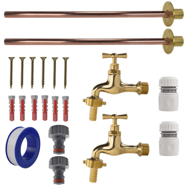 Polished brass 13mm barb tap basic connection kit x2 – heavy duty outdoor garden tap uk