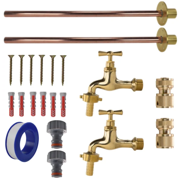Polished brass 13mm barb tap basic connection kit x2 – heavy duty outdoor garden tap uk