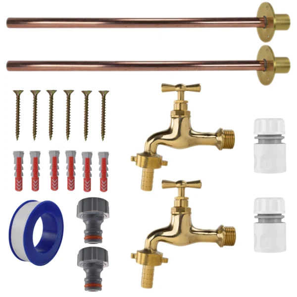 Polished brass 13mm barb tap basic connection kit x2 – heavy duty outdoor garden tap uk