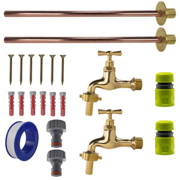 Polished brass 13mm barb tap basic connection kit x2 – heavy duty outdoor garden tap uk