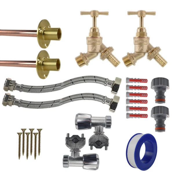 Brass barbed bib tap full connection kit x2 – heavy duty outdoor garden tap uk (base kit - no hose connector attached)