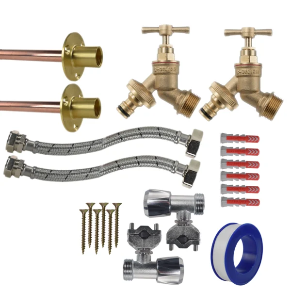 Brass quick connect bib tap full connection kit x2 – heavy duty outdoor garden tap uk base kit