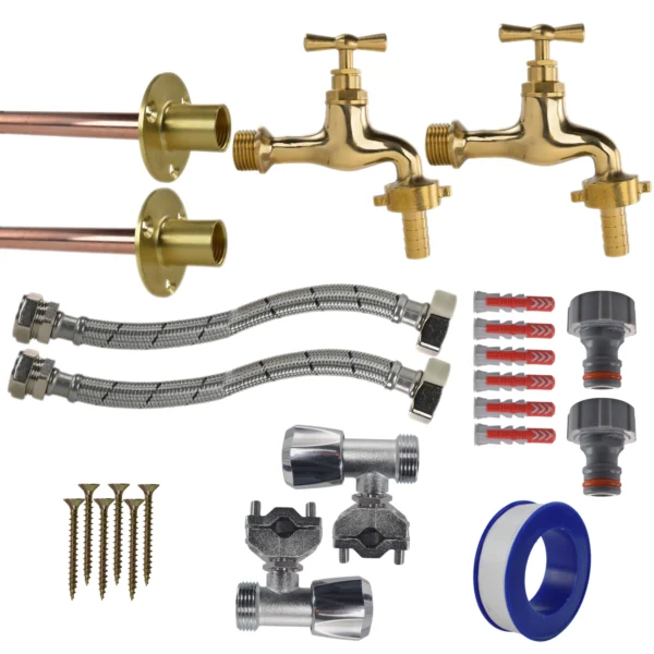 Polished brass 13mm barb tap full connection kit x2 – heavy duty outdoor garden tap uk base kit